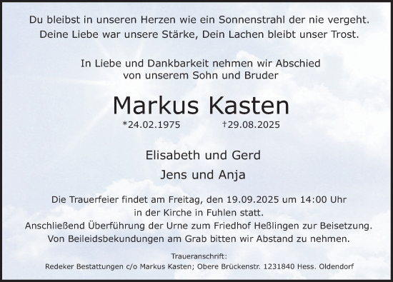Traueranzeige von Markus Kasten von Deister- und Weserzeitung