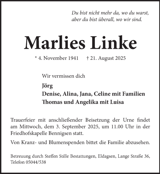Traueranzeige von Marlies Linke von Neue Deister-Zeitung