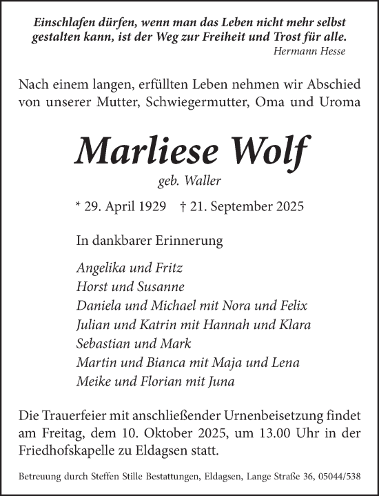 Traueranzeige von Marliese Wolf von Neue Deister-Zeitung