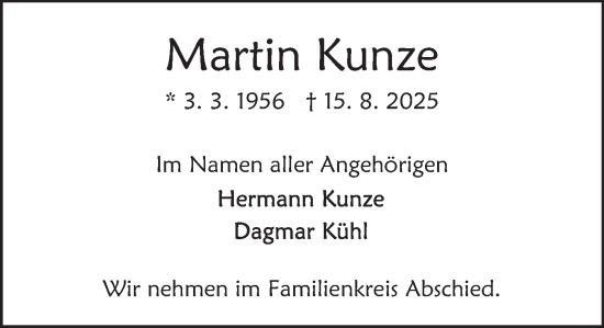 Traueranzeige von Martin Kunze von Deister- und Weserzeitung
