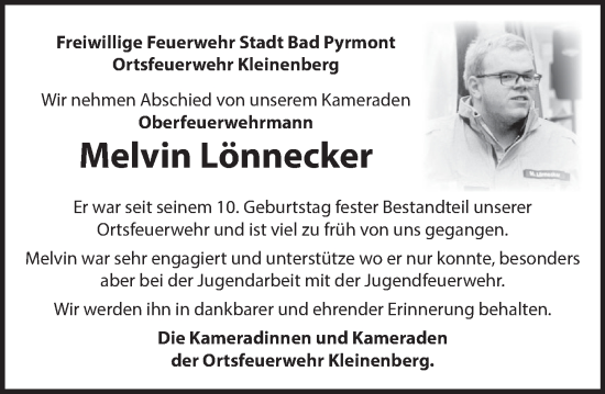 Traueranzeige von Melvin Lönnecker von Deister- und Weserzeitung