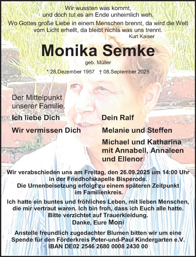  Traueranzeige für Monika Semke vom 13.09.2025 aus Deister- und Weserzeitung
