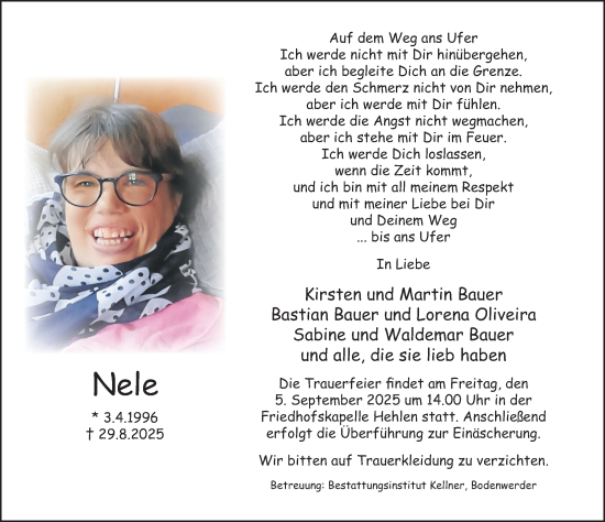 Traueranzeige von Nele Bauer von Deister- und Weserzeitung