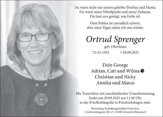 Traueranzeige von Ortrud Sprenger von Deister- und Weserzeitung