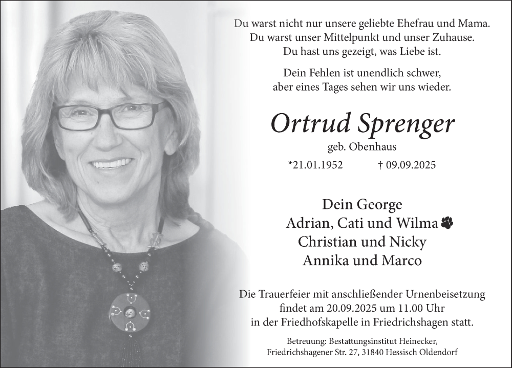  Traueranzeige für Ortrud Sprenger vom 13.09.2025 aus Deister- und Weserzeitung