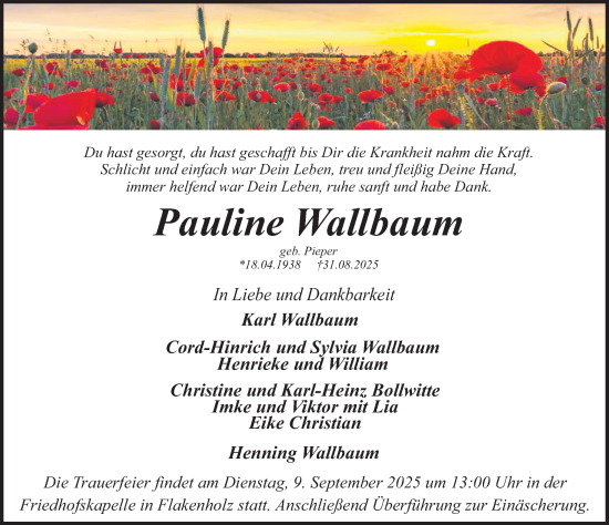 Traueranzeige von Pauline Wallbaum von Deister- und Weserzeitung