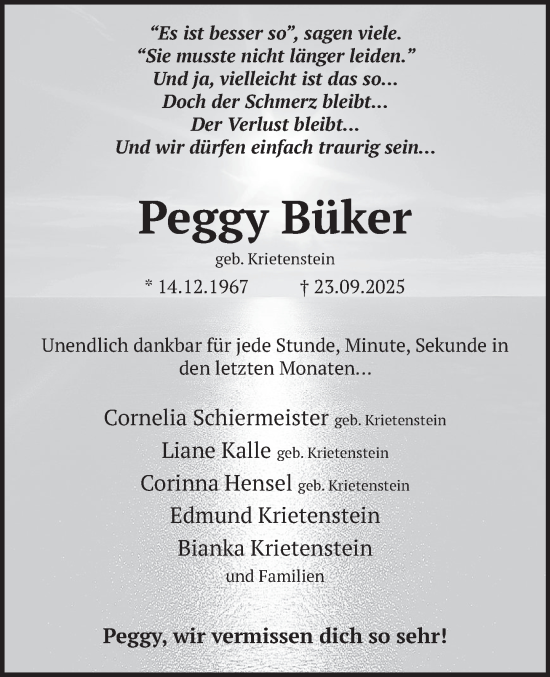 Traueranzeige von Peggy Büker von Deister- und Weserzeitung