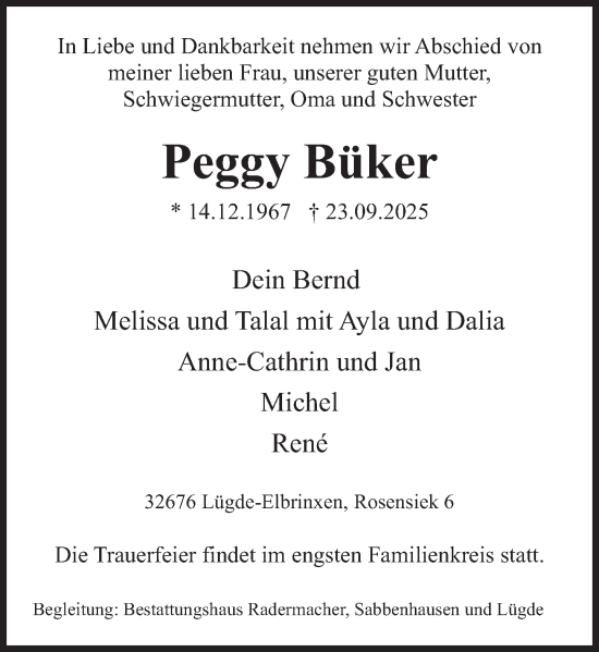 Traueranzeige von Peggy Büker von Deister- und Weserzeitung