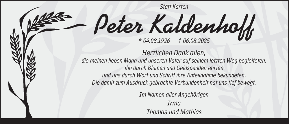  Traueranzeige für Peter Kaldenhoff vom 20.09.2025 aus Neue Deister-Zeitung