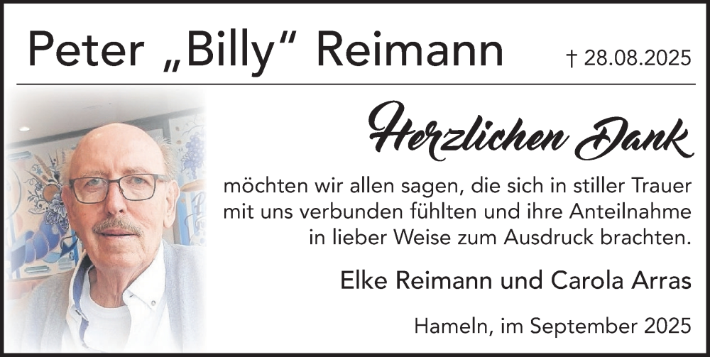  Traueranzeige für Peter Reimann vom 27.09.2025 aus Deister- und Weserzeitung