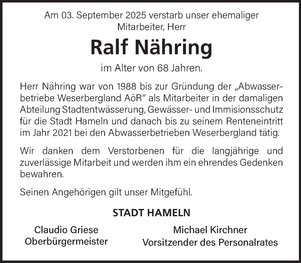  Traueranzeige für Ralf Nähring vom 01.10.2025 aus Deister- und Weserzeitung