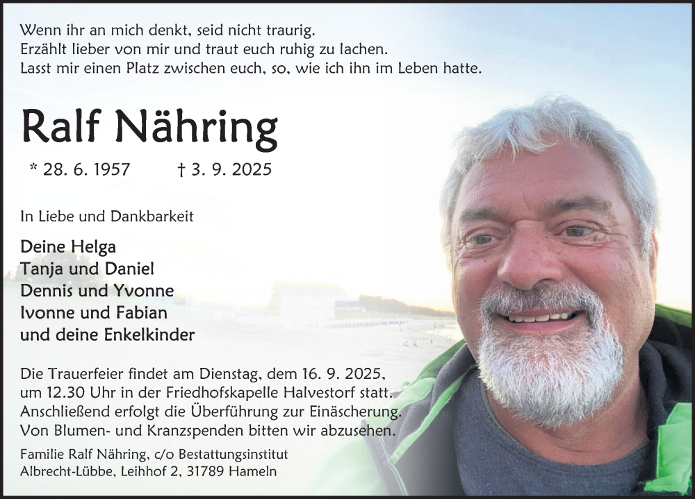  Traueranzeige für Ralf Nähring vom 13.09.2025 aus Deister- und Weserzeitung