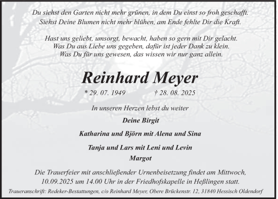 Traueranzeige von Reinhard Meyer von Deister- und Weserzeitung