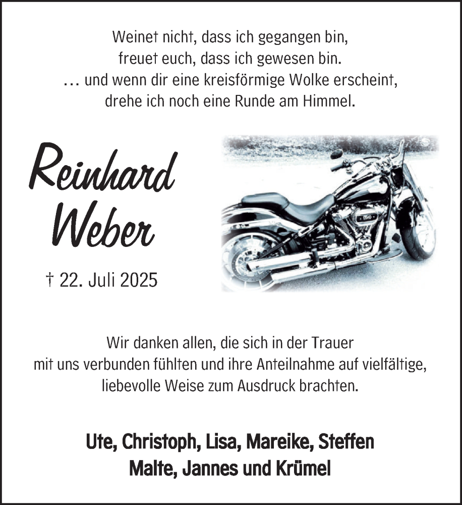  Traueranzeige für Reinhard Weber vom 06.09.2025 aus Neue Deister-Zeitung