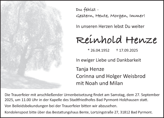 Traueranzeige von Reinhold Henze von Deister- und Weserzeitung