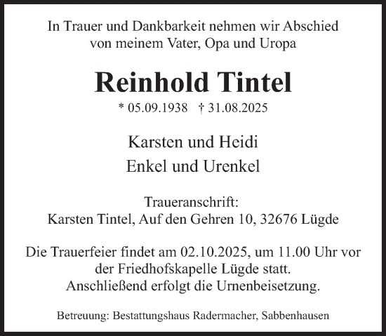 Traueranzeige von Reinhold Tintel von Deister- und Weserzeitung