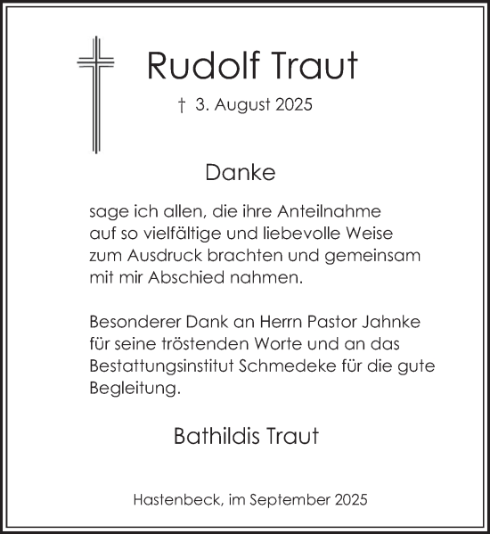 Traueranzeige von Rudolf Traut von Deister- und Weserzeitung