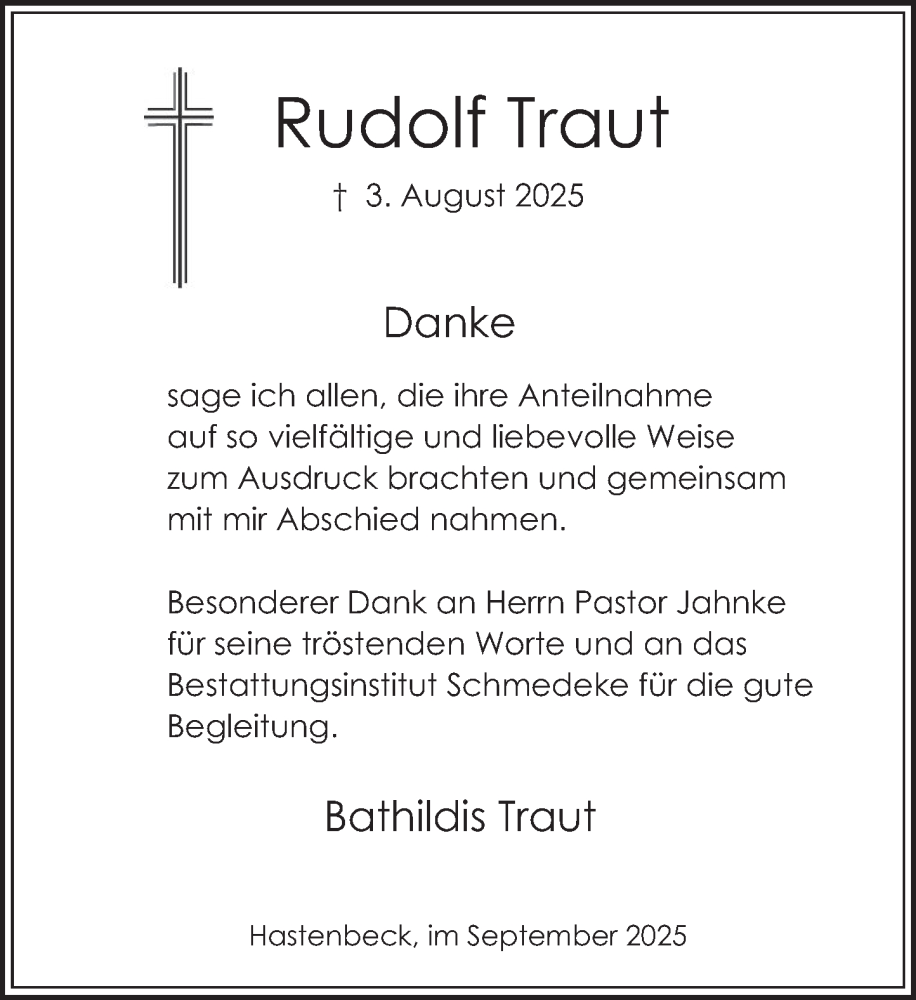 Traueranzeige für Rudolf Traut vom 06.09.2025 aus Deister- und Weserzeitung