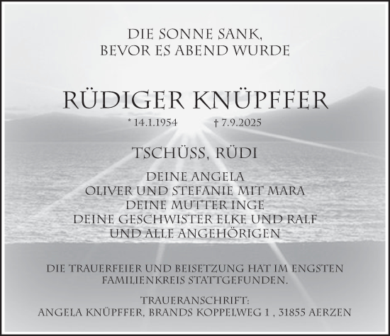 Traueranzeige von Rüdiger Knüpffer von Deister- und Weserzeitung