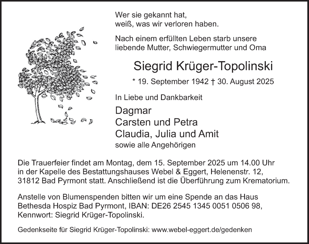  Traueranzeige für Siegrid Krüger-Topolinski vom 06.09.2025 aus Deister- und Weserzeitung