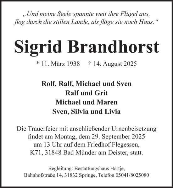 Traueranzeige von Sigrid Brandhorst von Neue Deister-Zeitung