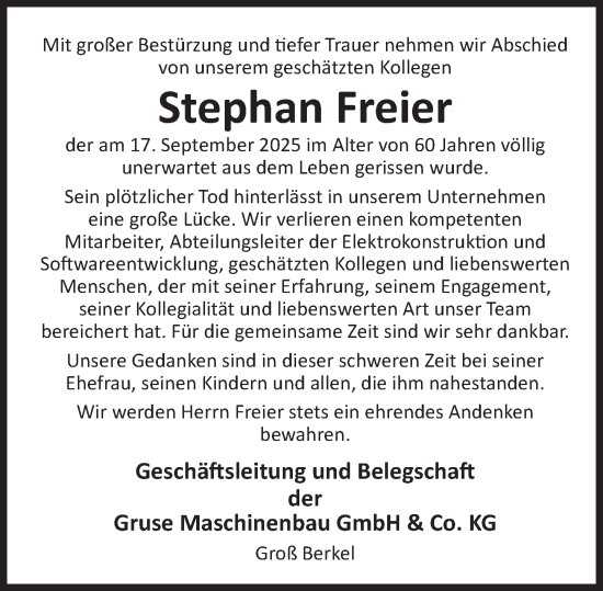 Traueranzeige von Stephan Freier von Deister- und Weserzeitung