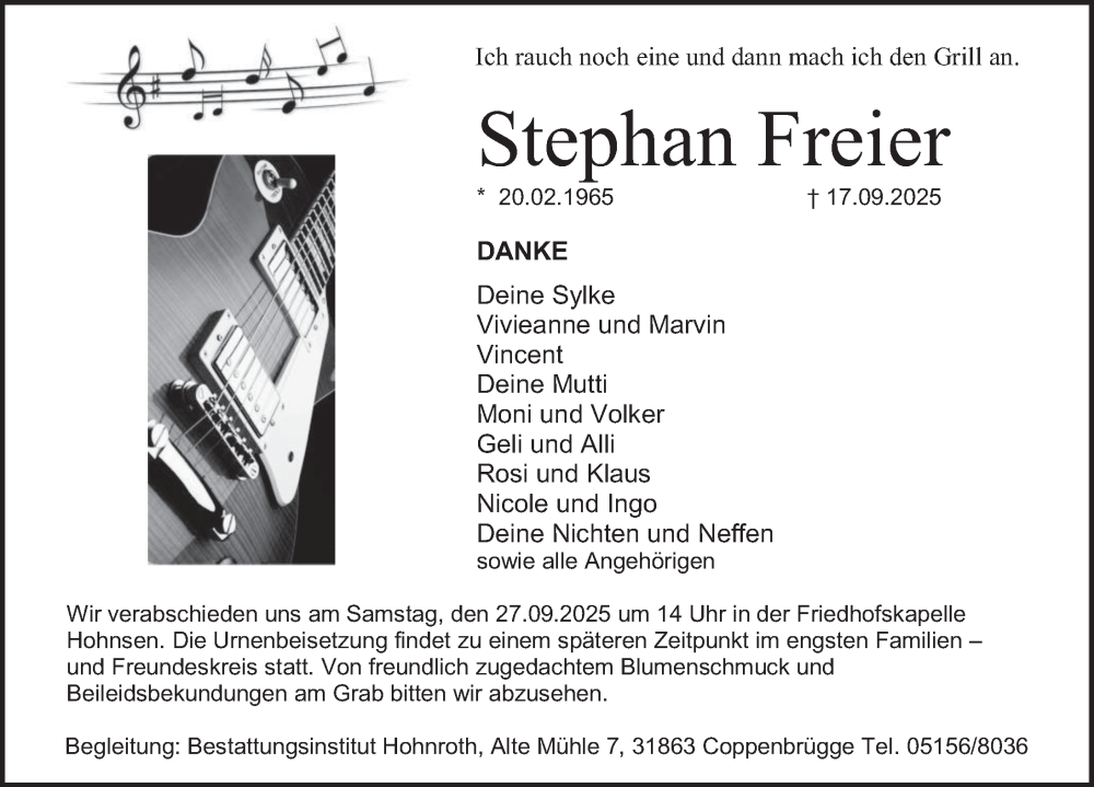  Traueranzeige für Stephan Freier vom 24.09.2025 aus Deister- und Weserzeitung