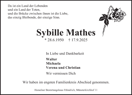 Traueranzeige von Sybille Mathes von Deister- und Weserzeitung