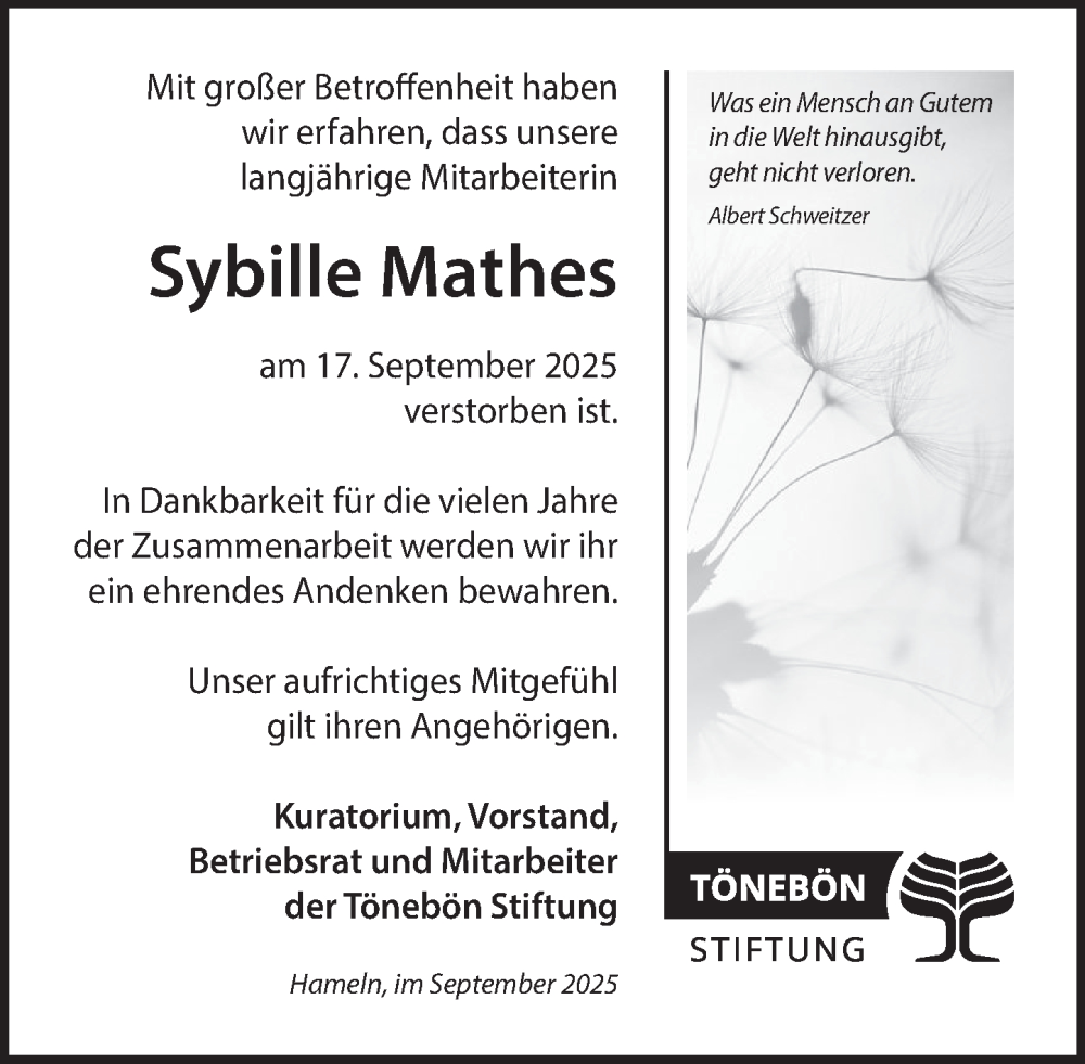  Traueranzeige für Sybille Mathes vom 23.09.2025 aus Deister- und Weserzeitung
