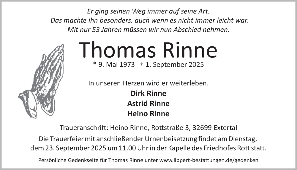  Traueranzeige für Thomas Rinne vom 20.09.2025 aus Deister- und Weserzeitung