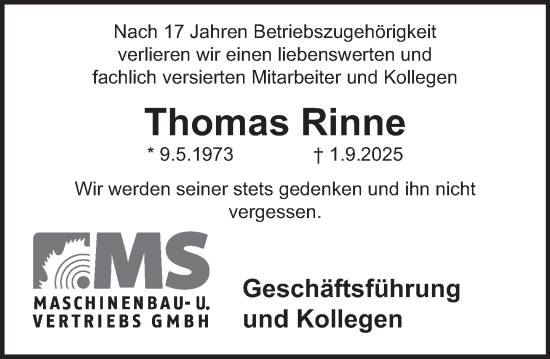 Traueranzeige von Thomas Rinne von Deister- und Weserzeitung