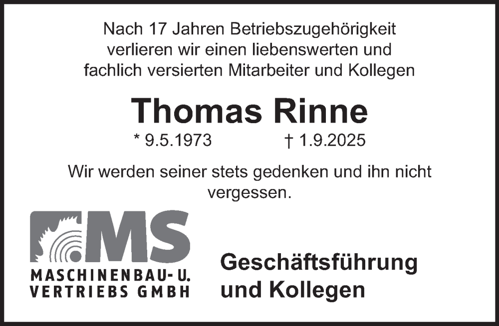  Traueranzeige für Thomas Rinne vom 20.09.2025 aus Deister- und Weserzeitung