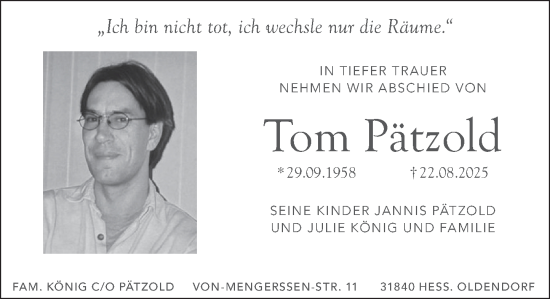 Traueranzeige von Tom Pätzold von Deister- und Weserzeitung