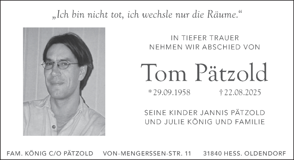  Traueranzeige für Tom Pätzold vom 13.09.2025 aus Deister- und Weserzeitung
