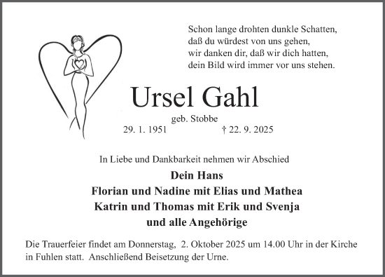 Traueranzeige von Ursel Gahl von Deister- und Weserzeitung