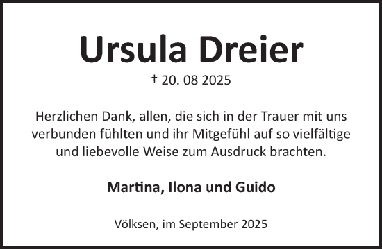Traueranzeige von Ursula Dreier von Neue Deister-Zeitung