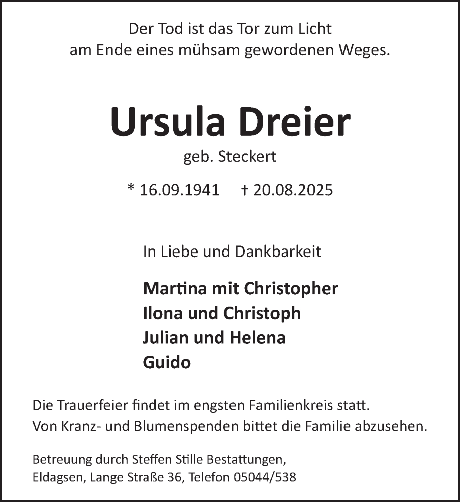  Traueranzeige für Ursula Dreier vom 30.08.2025 aus Neue Deister-Zeitung