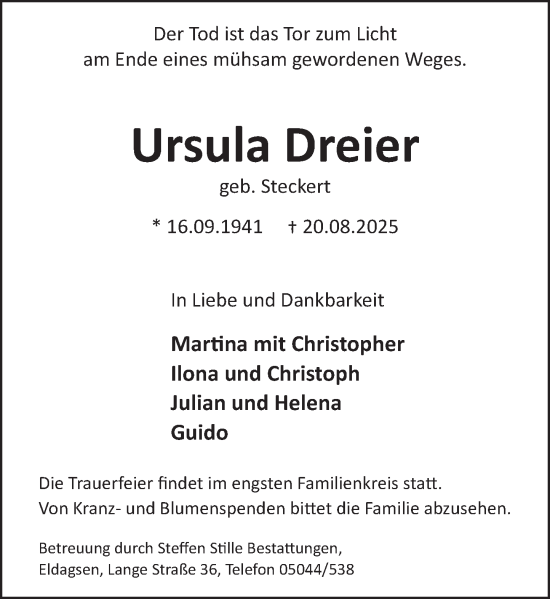 Traueranzeige von Ursula Dreier von Neue Deister-Zeitung