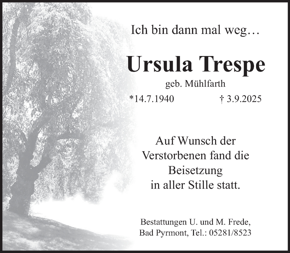 Traueranzeige für Ursula Trespe vom 20.09.2025 aus Deister- und Weserzeitung