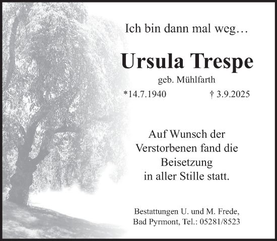 Traueranzeige von Ursula Trespe von Deister- und Weserzeitung