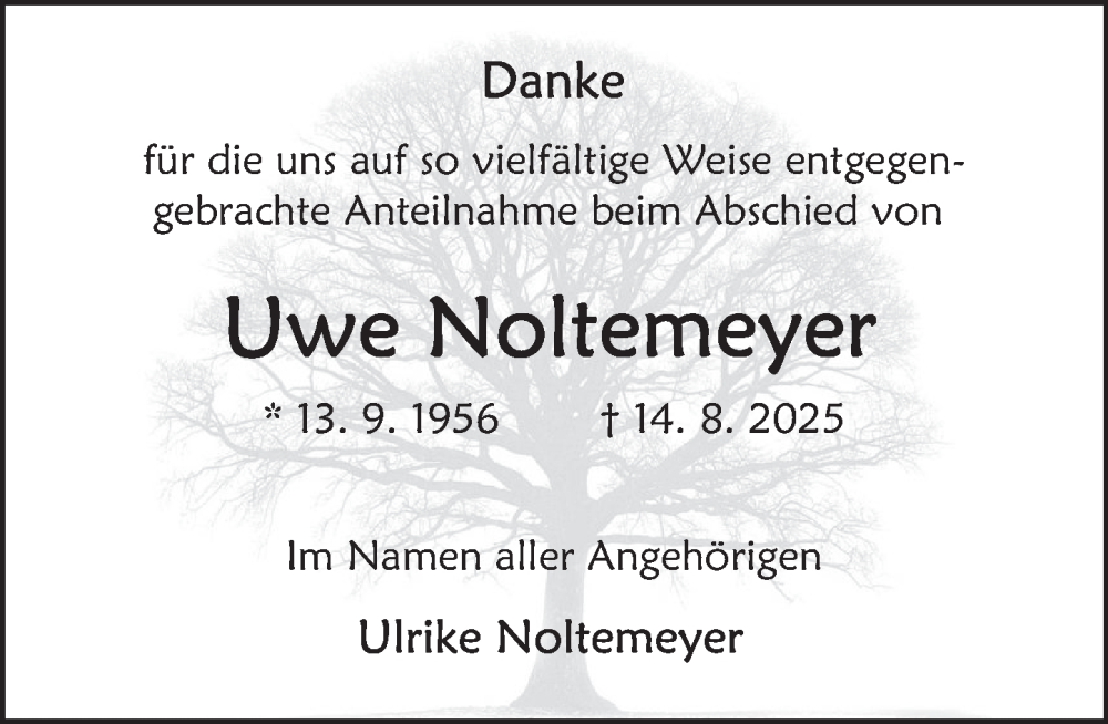  Traueranzeige für Uwe Noltemeyer vom 06.09.2025 aus Deister- und Weserzeitung