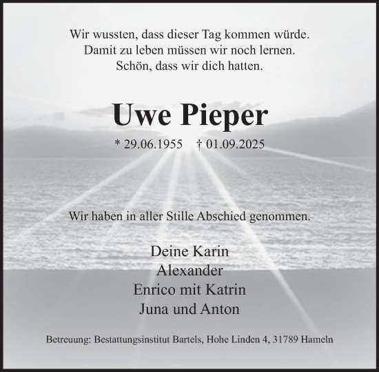 Traueranzeige von Uwe Pieper von Deister- und Weserzeitung