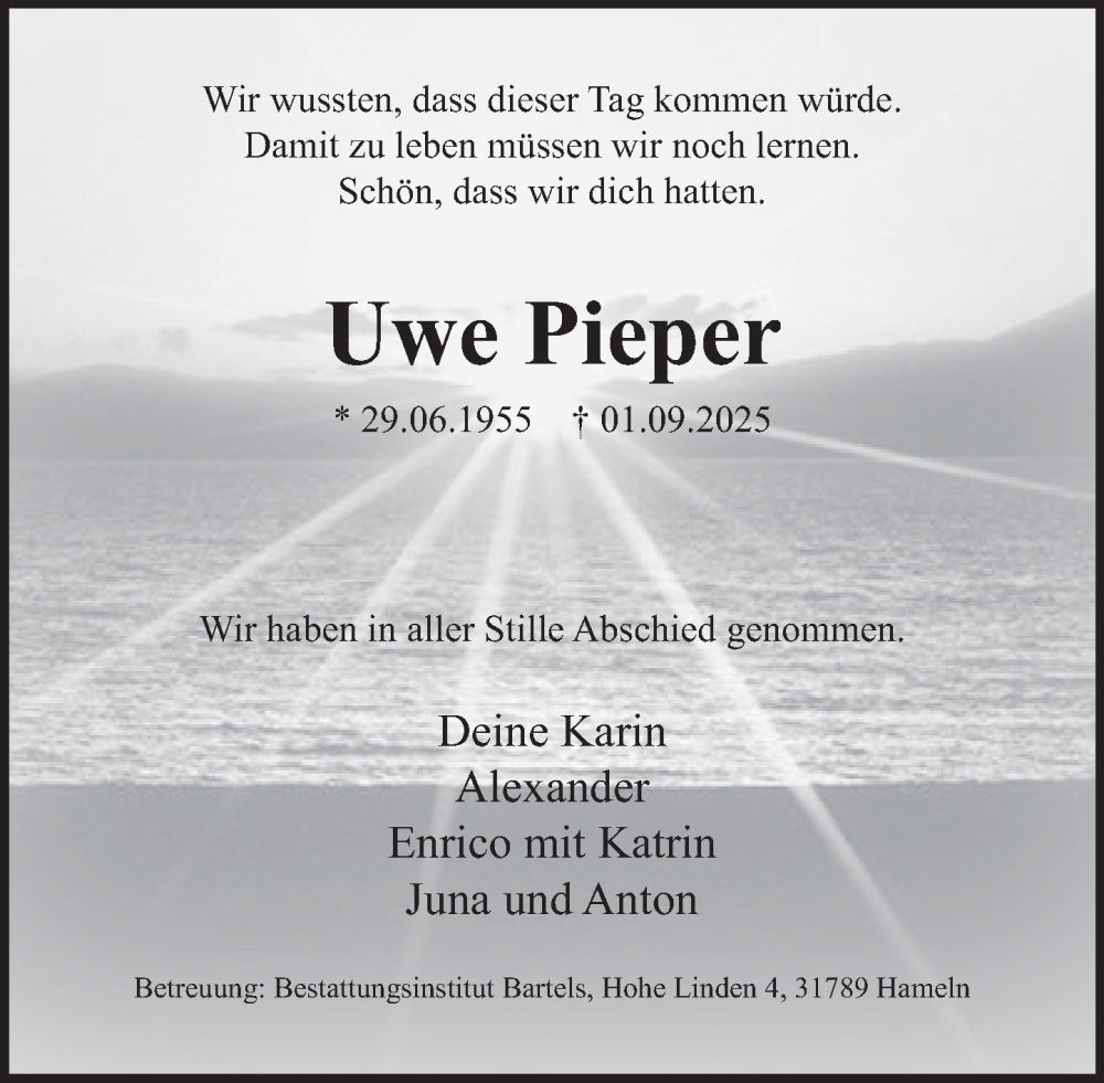  Traueranzeige für Uwe Pieper vom 20.09.2025 aus Deister- und Weserzeitung