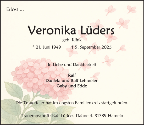 Traueranzeige von Veronika Lüders von Deister- und Weserzeitung