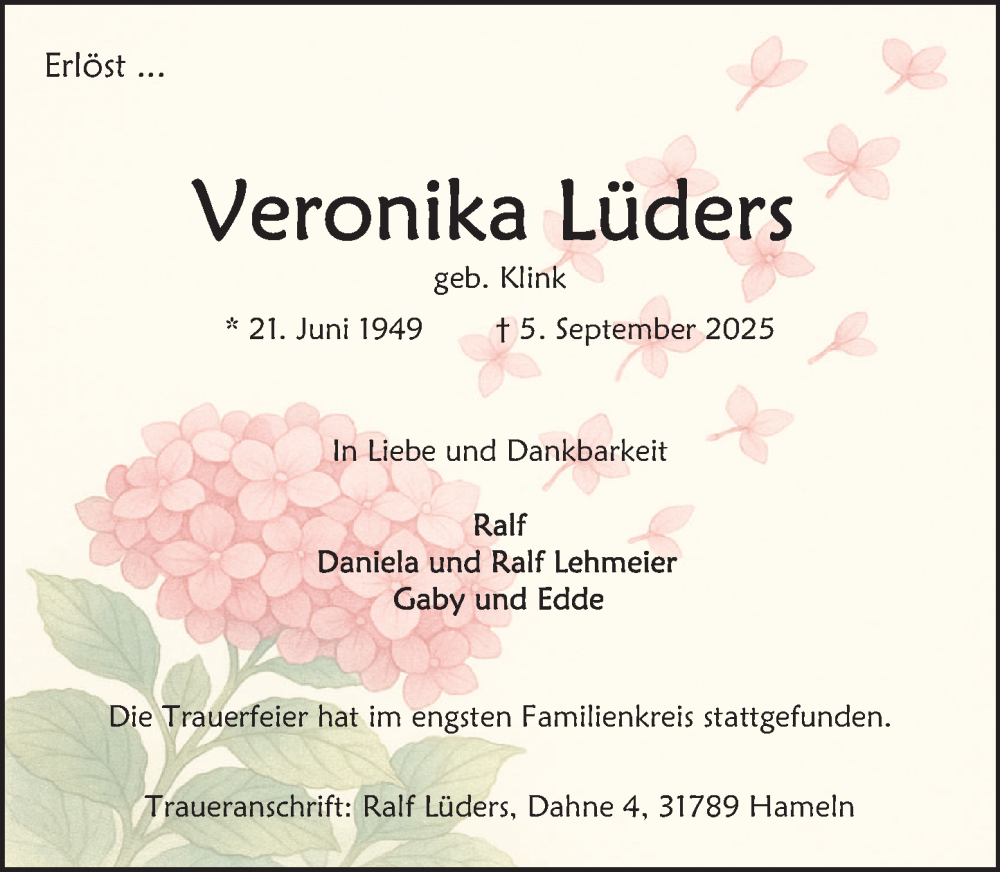  Traueranzeige für Veronika Lüders vom 20.09.2025 aus Deister- und Weserzeitung