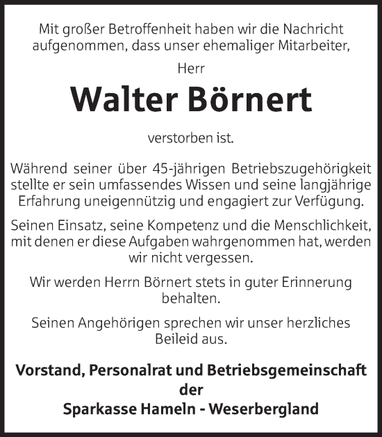 Traueranzeige von Walter Börnert von Deister- und Weserzeitung