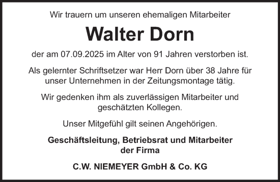 Traueranzeige von Walter Dorn von Deister- und Weserzeitung