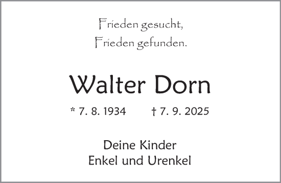 Traueranzeige von Walter Dorn von Deister- und Weserzeitung