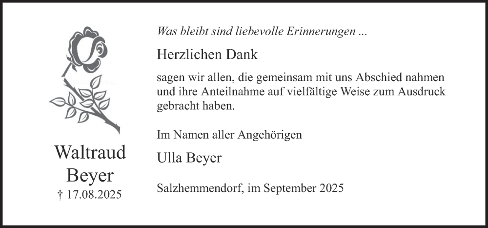  Traueranzeige für Waltraud Beyer vom 12.09.2025 aus Deister- und Weserzeitung