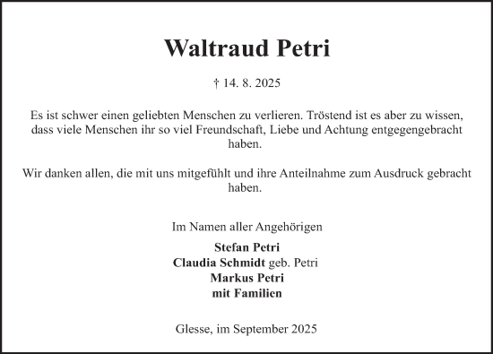 Traueranzeige von Waltraud Petri von Deister- und Weserzeitung